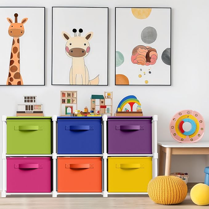 Thyle Large Cube Storage Organizer Shelf with 6 Bins 14 Inch Fabric Collapsible Cubby Storage Drawers Shelving Unit for Christmas Ornaments Clothes Toys Craft(Rainbow,Colorful)