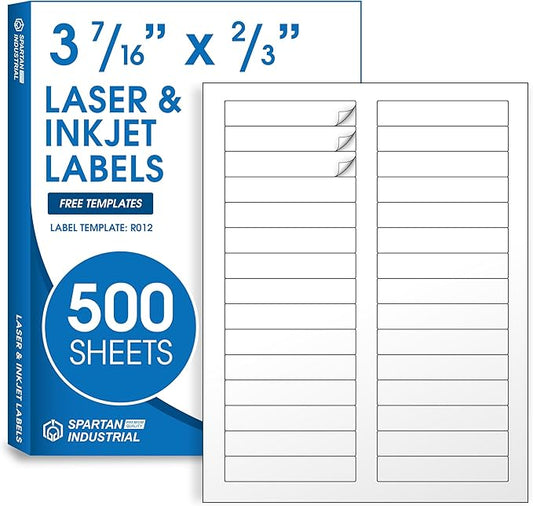 3 7/16" X 2/3" Matte White Printable Labels for Inkjet and Laser Printers - 500 Sheets 15000 Custom Stickers, File Folder Labels, Return Address Stickers, Price Tags - Spartan Industrial Template R012
