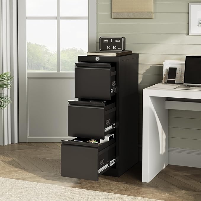 3-Drawer Metal Filing Cabinet with Lock, Vertical Heavy Duty Steel File Organizer for Home Office, Secure Storage for Letter, Legal, A4, F4 Documents – Professional Office Furniture, Black