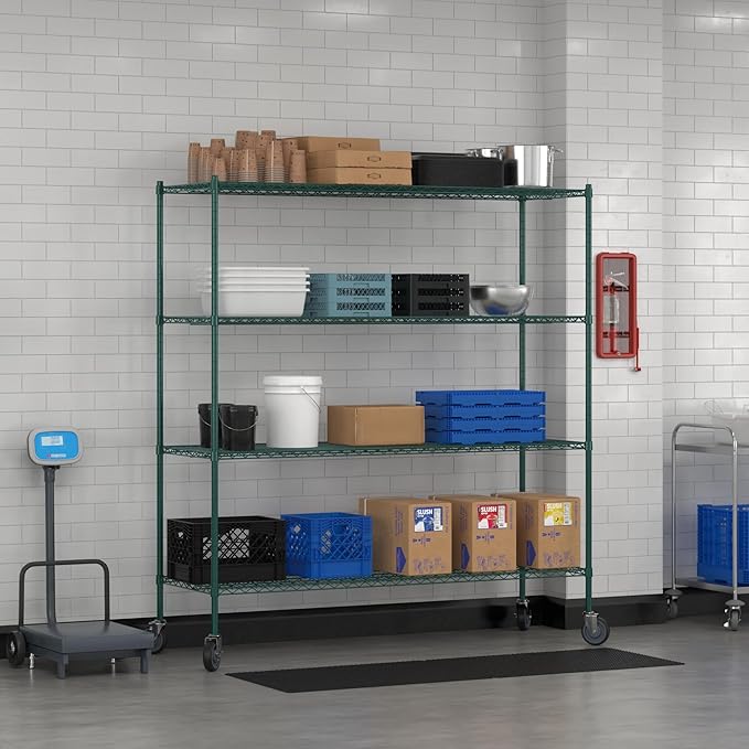 Commercial NSF Listed Green Epoxy Mobile Wire Shelving Kit 24" x 72" x 80", with 4 Shelves Perfect for Warehouse, Walk-in Refrigerator, Freezer, Grocery Store, Restaurant, Dishroom