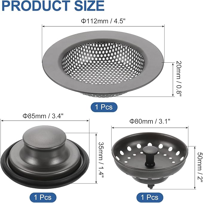 uxcell 3 Pcs Kitchen Sink Drain Strainer Gray, Stainless Steel Kitchen Sink Strainer and Stopper, Anti-Clogging Basket with Handle, for Most Kitchen Sink Strainer Replacement