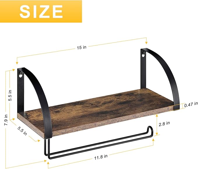 BTY Paper Towel Holder with Shelf, Vintage Farmhouse Wall Mounted Paper Towel Holder Under Cabinet Spice Rack for Kitchen, Bathroom Toilet Paper Dispenser Rustic Brown