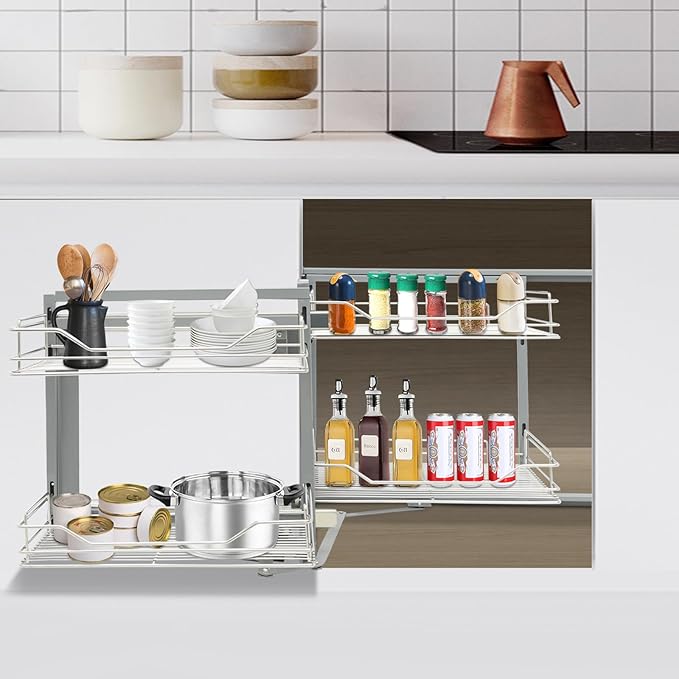 Blind Corner Cabinet Pull Out Organizer, 2 Tier 4 Baskets Stainless Steel L-Shaped Kitchen Slide Out Kitchen Cabinet Organizer Shelf for 15.75” Opening Door (Left or Right)