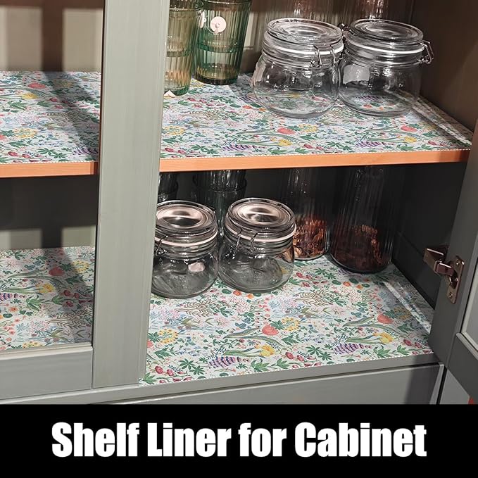 Floral Shelf Drawer Liners, 24IN x 10FT Non Adhesive and Strong Non-Slip Colorful Cabinet Drawer Shelf Liners for Kitchen Wire Fridge, Waterproof Cabinet Liner,Easy to Clean