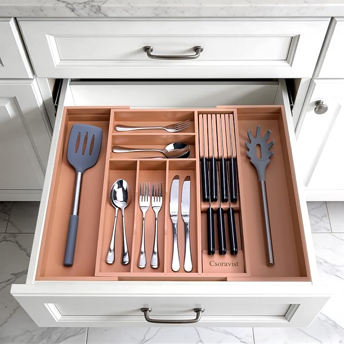 9-Piece Bamboo Kitchen Drawer Organizer Set, Expandable Silverware &Utensil Organizer with Removable Knife Block & Steak Knives, Flatware Organization, Tableware Dividers Storage(Brown)
