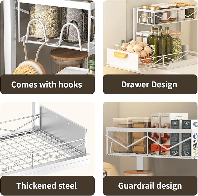 CHIKESI Under Sink Organizer - 2 Tier Pull Out Cabinet Organizer with Sliding Drawers, Adjustable Metal Storage Shelf for Kitchen & Bathroom, Space Saving Storage Solution (White, 1-Pack)