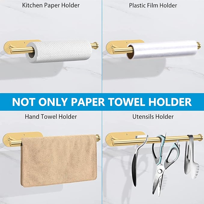 Gold Paper Towel Holder Under Cabinet - Self Adhesive Paper Towel Roll Holder Stick on Wall, Stainless Steel Paper Towel Rack for Kitchen Bathroom(2 Pcs)