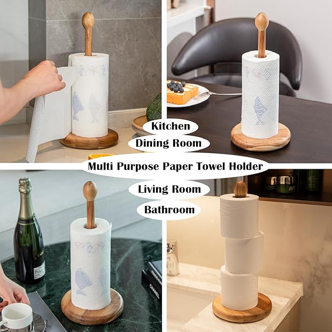 14.5" Acacia Wooden Paper Towel Holder, 6.7" Large Heavy Base Wooden Kitchen Paper Towel Roll Stand Organizer Free Standing Paper Roll Holder, Thickened Rustic Farmhouse Paper Towel Holder Stand