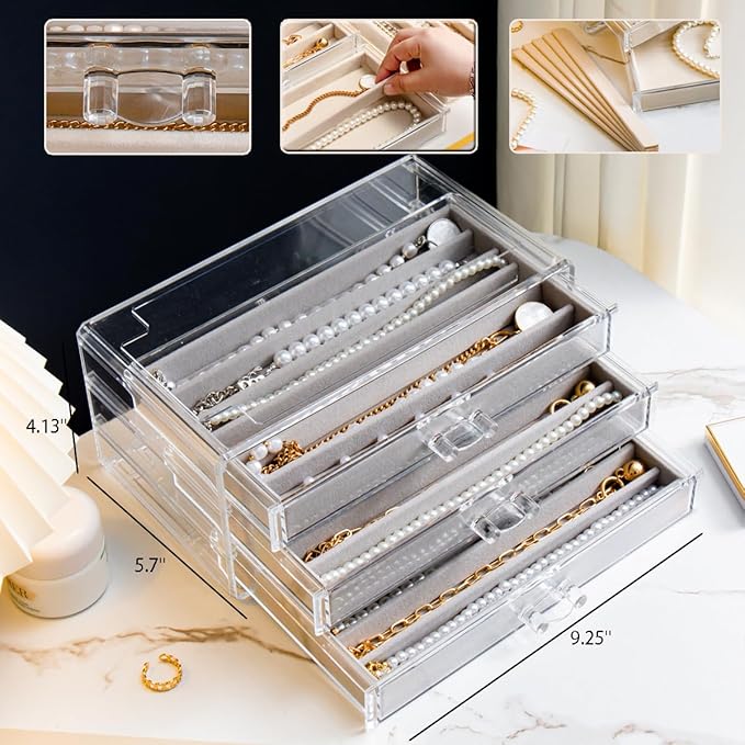 Necklace Holder Organizer, Dustproof Necklace Box Velvet Necklace Organizer Box with Lid Clear Acrylic Dustproof Stackable Jewelry Displays for Necklaces Chain Display (Gray, 3 Drawer)