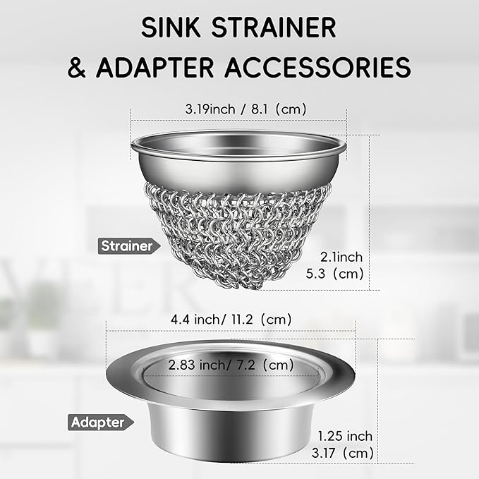 1 Set Kitchen Sink Strainer (Black): with Adapter, Flexible Insert Chain Mesh Screen. 304 Stainless Steel, Clog-Free Catcher for Universal Sizes (Garbage Disposal)
