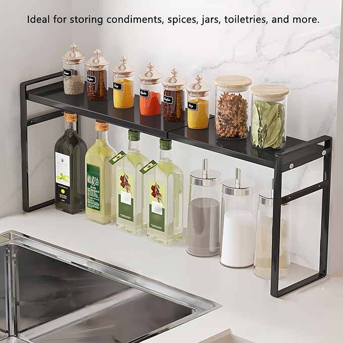 Expandable & Stackable Window Sill Narrow Shelf, 3.5" Wide, 13.8-23.6" Length, Kitchen Countertop Organizer, Over Sink Plant Rack, Storage Cabinet Shelf Riser, Black, 2pcs