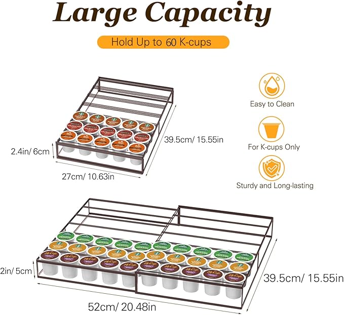 Coffee Pod Holder Drawer, Expandable K Cup Holder Compatible with Keurig K-Cup, K Cup Drawer Organizer Hold 35-70 Coffee Pod Storage for Coffee Station Office and Kitchen, Bronze