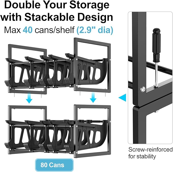 iSPECLE Can Storage Organizer Pantry, 2 Pack Auto Rolling Canned Food Organizer, Store 80 Cans Stackable & Extendable Pantry Organizers and Storage, Easy Access and Fit Most Pantry Shelf Space, Black