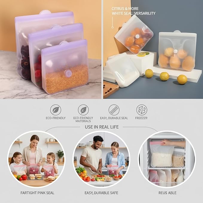 Reusable Silicone Food Storage Bags – Premium Eco-Friendly Multi-Size Set (650ml/1300ml/2000ml), Leakproof, BPA-Free, Freezer & Microwave Safe, Dishwasher Friendly (Purple)