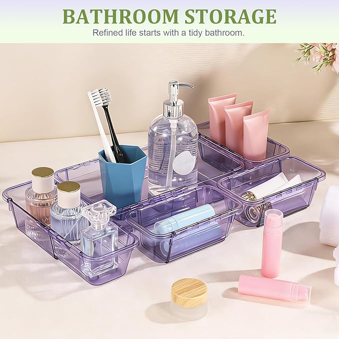 20 Pcs Adjustable Clear Drawer Organizer, All Extendable Vanity Storage Bins, Desk Drawer Organizer Set for Makeup, Cosmetics, Bedroom, and Gadgets, Purple