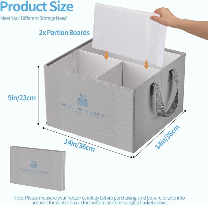 Housolution 2 Pack Freezer Organizer Bins, Collapsible Deep Chest Freezer Organizer Bins with Removable Dividers, Label Pockets, Waterproof Freezer Storage Bins with Portable Handle (14"x14"x9")
