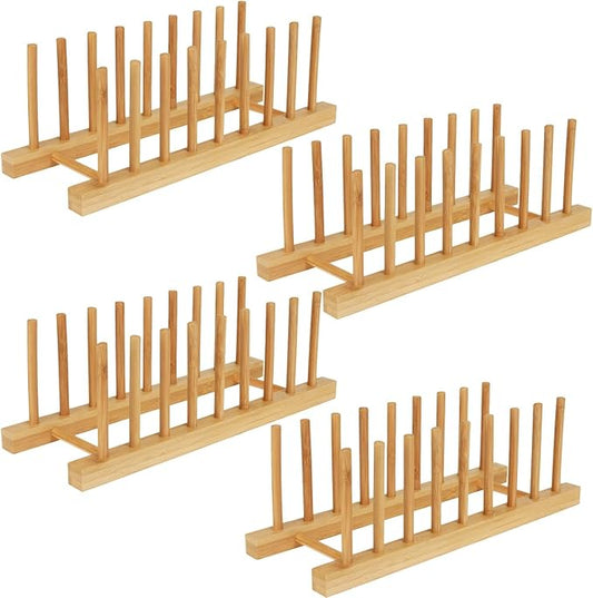 4 Pcs Bamboo Wooden Dish Drying Rack, Plate Organizer for Cabinet Space Saver and Kitchen Counter, Cutting Board Organizer for Pot Lid, Bowl, Cup, Book and More