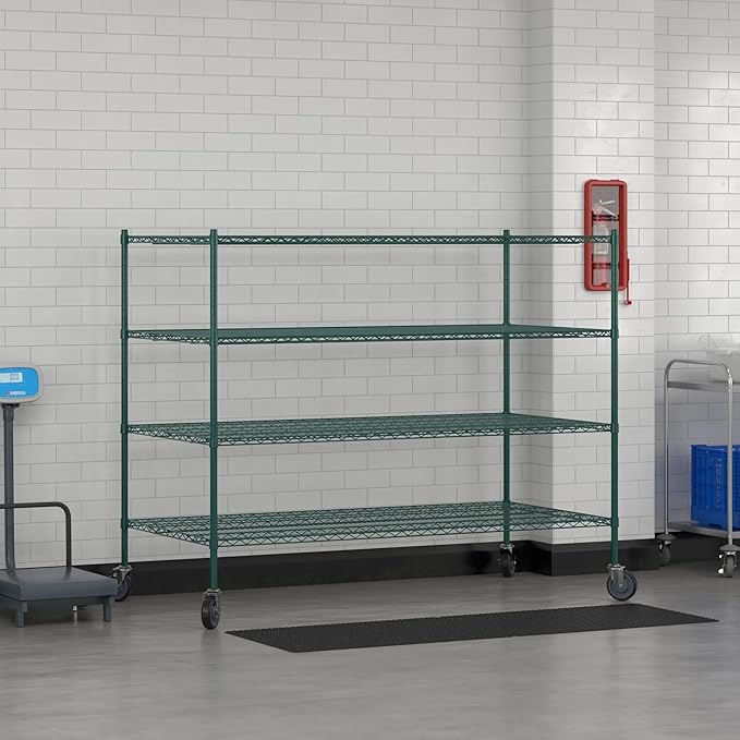 Commercial NSF Listed Green Epoxy Mobile Wire Shelving Kit 36" x 72" x 60", with 4 Shelves Perfect for Warehouse, Walk-in Refrigerator, Freezer, Grocery Store, Restaurant, Dishroom