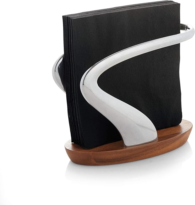Nambé Lupo Napkin Holder – 7.5” Modern Acacia Wood & Alloy Table Accessory for Dining, Kitchen & Buffet Settings – Sleek Decorative Napkin Organizer for Tabletop & Entertaining, Home Display