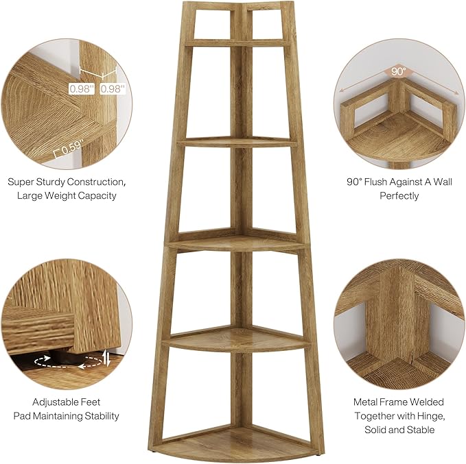 Tribesigns 70 inch Tall Corner Shelf, 5 Tier Modern Corner Bookshelf Bookcase Industrial Corner Ladder Shelf Plant Stand for Living Room, Kitchen, Home Office (Light Brown)