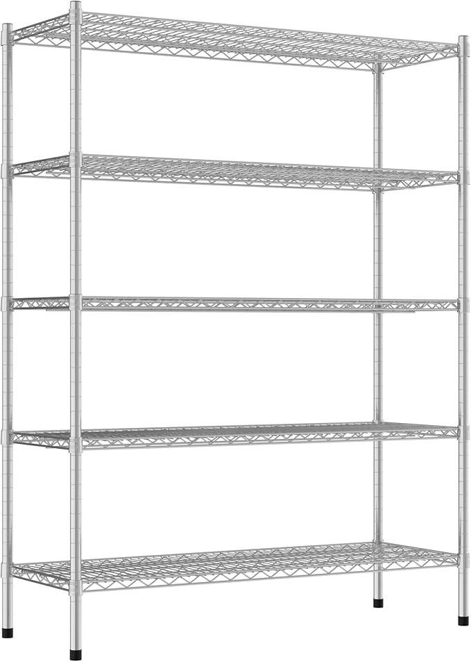 Commercial NSF Listed Chrome Stationary Wire Shelving Kit 18" x 48" x 64", with 5 Shelves Perfect for Warehouse, Walk-in Refrigerator, Freezer, Grocery Store, Restaurant, Dishroom