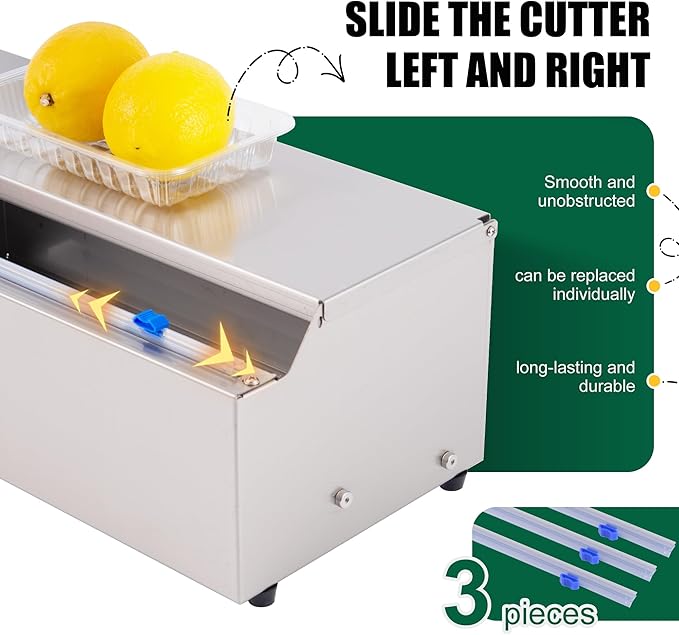 14 Inch Stainless Steel Plastic Food Wrap Dispenser, Cling Film Cutter with 4 Slide Blades for Home Kitchen, Meal Prep, Baking