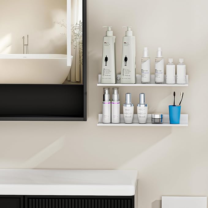 Adhesive Floating Shelves, 15.7" Metal Bathroom Shelves for Wall Set of 2, Modern White Wall Shelf for Living Room, Bedroom Storage Display Decorative