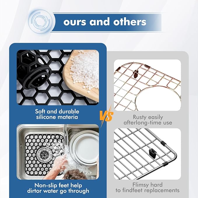 Bestjing Silicone Sink Protectors for Kitchen Sink - 12" x 11" Kitchen Grid Accessory, Non-Slip Heat-Resistant Mat for Bottom of Porcelain Stainless Steel, Dishwasher Safe (Black)