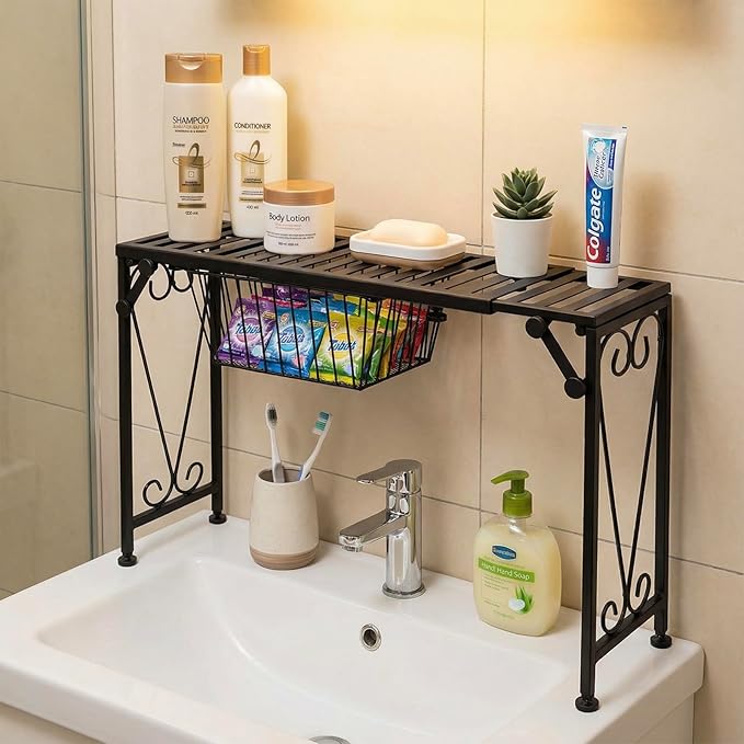 MyGift Over Sink Shelf with Pull Out Drawer, Expandable Black Metal Kitchen Over The Sink Shelf Rack, Bathroom Storage Shelf Riser with Scrollwork Design