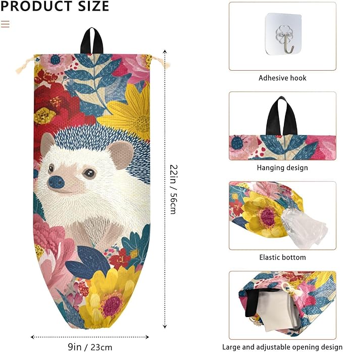 Plastic Bag Holder Wall Mount Grocery Bag Shopping Bag Storage Holder Organizer Dispenser with Adhesive Hook,for Kitchen Bathroom Home Decor 9x22 Inches Garden Flowers Hedgehogs Colorful12