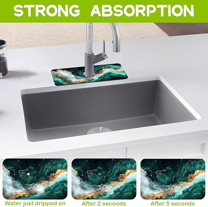 Emerald and Gold Marble Texture Kitchen Sink Splash Guard Faucet Mat Super Absorbent Fast Drying Mat Guard Behind Faucet Drip Catcher for Kitchen Bathroom, 15.5"X5.5"