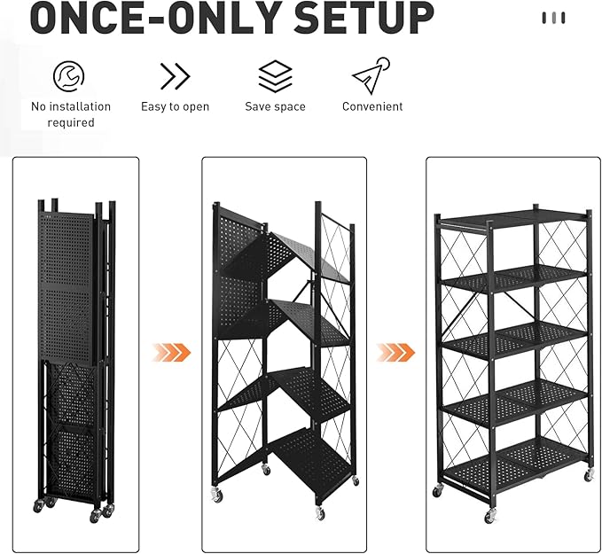 Foldable Storage Shelves with Wheels, Folding Shelving Units Storage, Heavy Duty Metal Collapsible Shelf No Assembly, Large Capacity Pop-Up Organizer for Garage,Kitchen,Living Room, 5-Tier Black