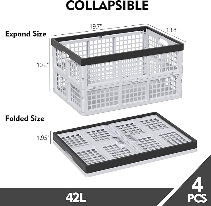 Parlynies 42 L Plastic Stackable Collapsible Storage Crate, 4-Pack Stacking Folding Storage Basket, Utility Crate Basket Containers