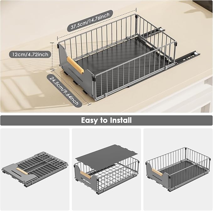 2 Pack Pull Out Cabinet Organizer, Slide Out Drawers for Cabinets,Peel and Stick,Comes with adhesive and screws,Suitable for kitchens,Cupboard,Pantry, Bathroom, Short-Gray(14.76" D*9.64" W*4.72" H)