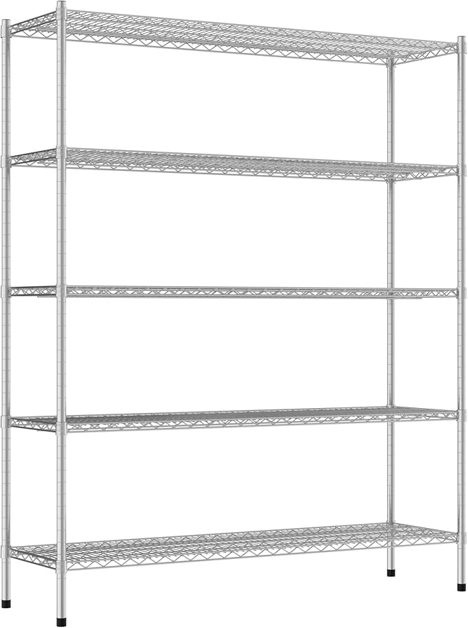 Commercial NSF Listed Chrome Stationary Wire Shelving Kit 18" x 60" x 74", with 5 Shelves Perfect for Warehouse, Walk-in Refrigerator, Freezer, Grocery Store, Restaurant, Dishroom