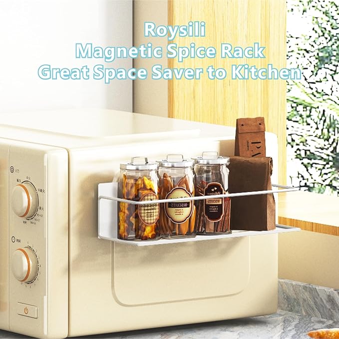 Roysili Magnetic Spice Rack for Refrigerator Magnetic Fridge Shelf for Kitchen Spice Organizer Magnetic Shelf for Fridge Space Saving White 2 Pack