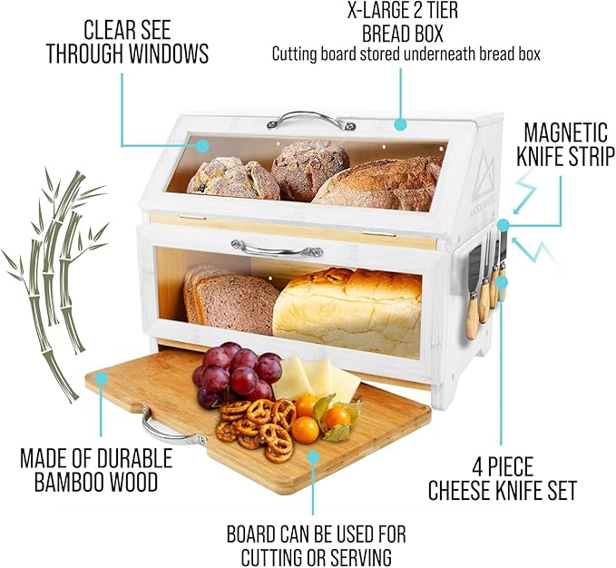 Extra Large White Bread Box with Cutting Board & Knife Set | 7 Piece Set | Bread Boxes for Kitchen Countertop | Bread Storage Container | Bamboo Breadbox | Assembly Required