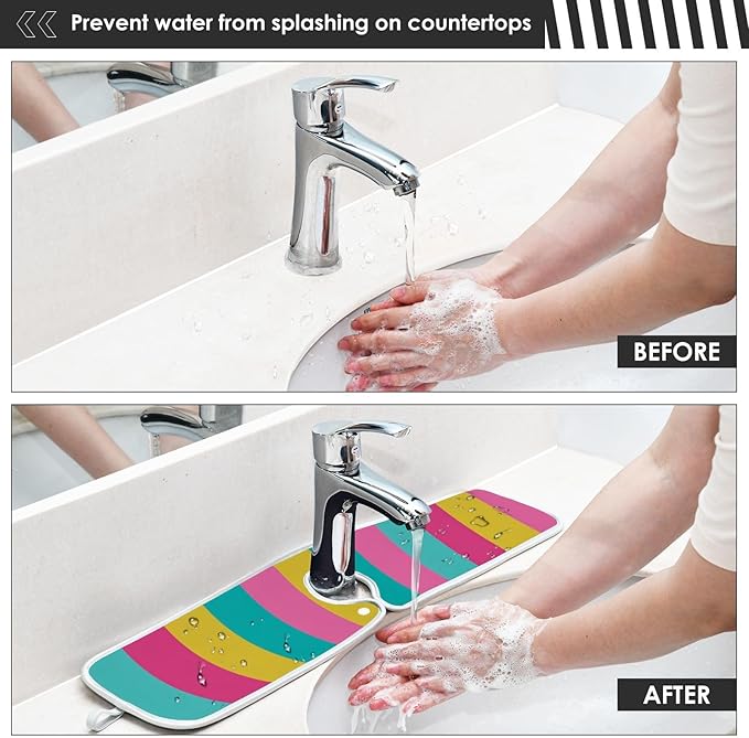 2 PCS Kitchen Sink Splash Guard 23.6 Inch Faucet Mat for Kitchen Sink Bathroom Sink Faucet Absorbing Drip Drain Mat Pad Microfiber Soft Washable Colorful Stripes