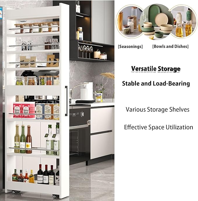 Slim Rolling Storage Cart with Wheels Narrow Spice Rack Organizer Cabinet Next to Refrigerator Space Saving Wood Storage Cabinet for Kitchen, Pantry(White,D 21.65 x H 72.4 x W 5.91 in)