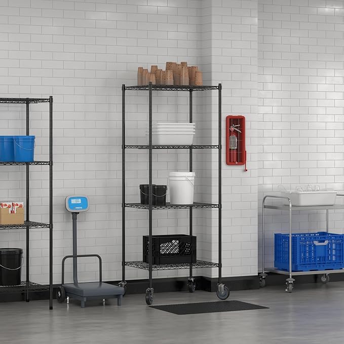 Commercial NSF Listed Black Epoxy Mobile Wire Shelving Kit 24" x 30" x 80", with 4 Shelves Perfect for Warehouse, Walk-in Refrigerator, Freezer, Grocery Store, Restaurant, Dishroom