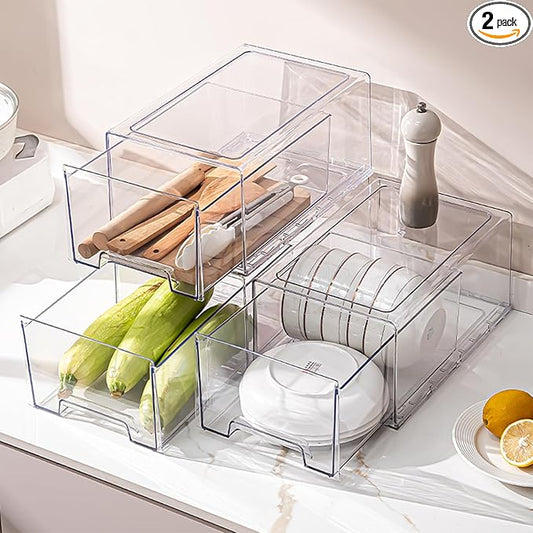 PiJeyiee Clear Stackable Refrigerator Organizers and Storage Drawers - Pull-Out Fridge Bins with Anti-Slip Base & Easy Clean, Plastic Organizers for Kitchen Pantry Cabinet Closet ﻿ (2XL)