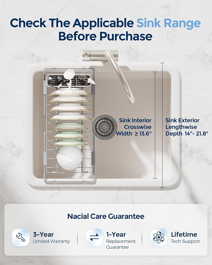 Nacial Small Dish Drying Rack with Utensil Holder, Expandable Dish Rack Over Sink with Auto-Drain Tray, Compact Dish Drainer for Kitchen Counter, Stainless Steel Dish Rack Fits 14''–21.8'' Sink, Gris