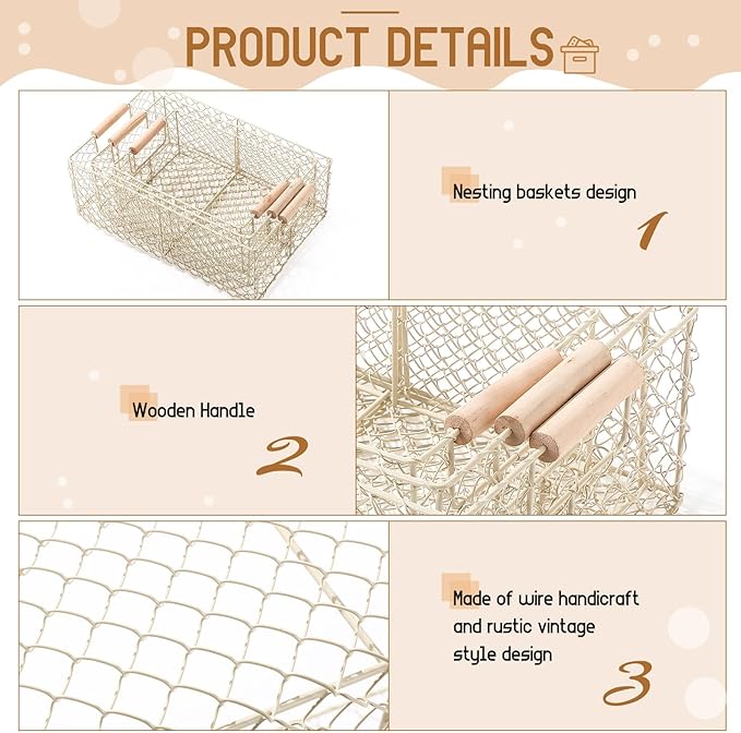 Honeydak 3 Set Wire Basket for Organizing with Wooden Handle Vintage Style Rectangle Mesh Metal Basket Food Storage Organizer for Home Kitchen Pantry Bathroom Picnic Cabinets (White)