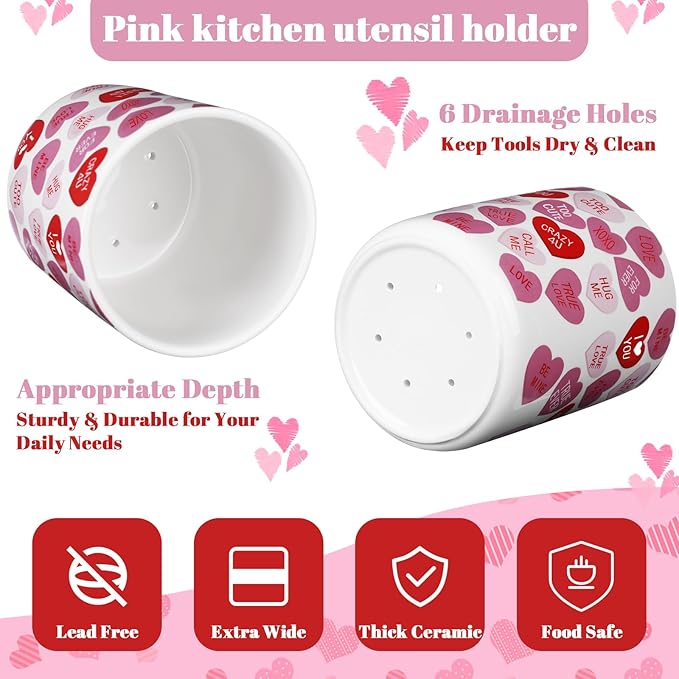 Valentine's Day Ceramic Utensil Holder 6.3 Inch Love Words Home Kitchen Utensil Crock for Anniversary Countertop Storage Organizer Container Dining Table Decor Wedding Gift(Love Words)