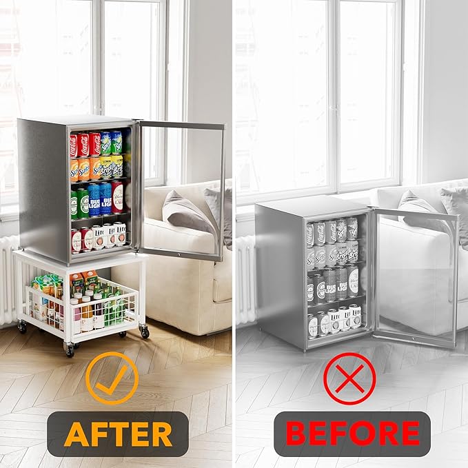 SpaceAid Mini Fridge Stand with Storage, 19.7" W x 19.7" D Heavy Duty Mobile Refrigerator Shelf Stand Table with Wheels, Fridge Cart Organizer with Drawer Basket for Home Dorm Office (White)