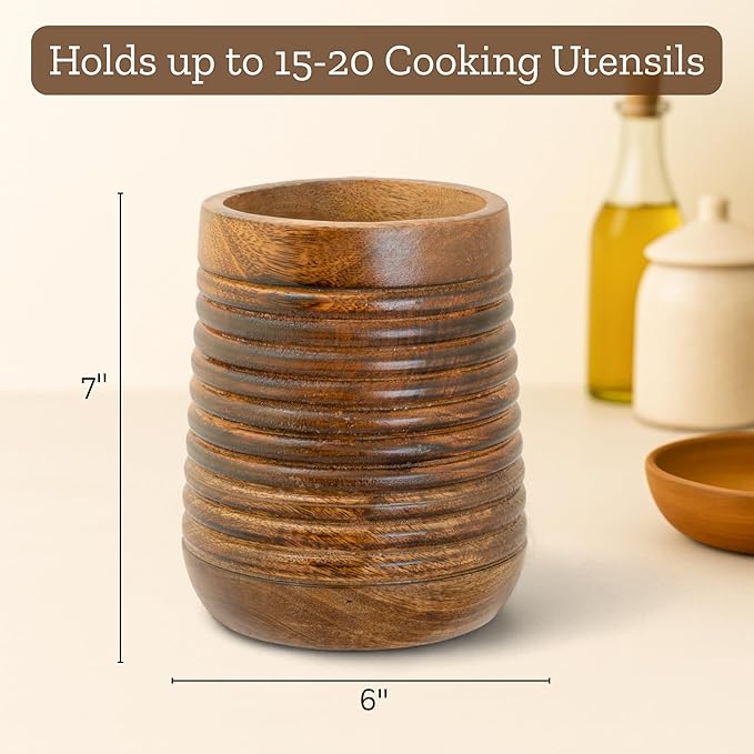 Mie Creations Rustic 7'' Large Utensil Crock Holder for Kitchen Countertop | Wooden Cooking Spatula Organizer for Party, Mother's Day Wood Utensils Caddy, Vintage Kitchen Counter Decor-Dark Brown