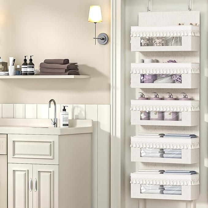 Aokeyee 5 Shelf Over The Door Organizer Nursery, Boho Closet Hanging Organizer Storage with Tassels and Clear Window, Behind The Door Storage for Baby Nursery, Bedroom, Bathroom, Laundry, Pantry