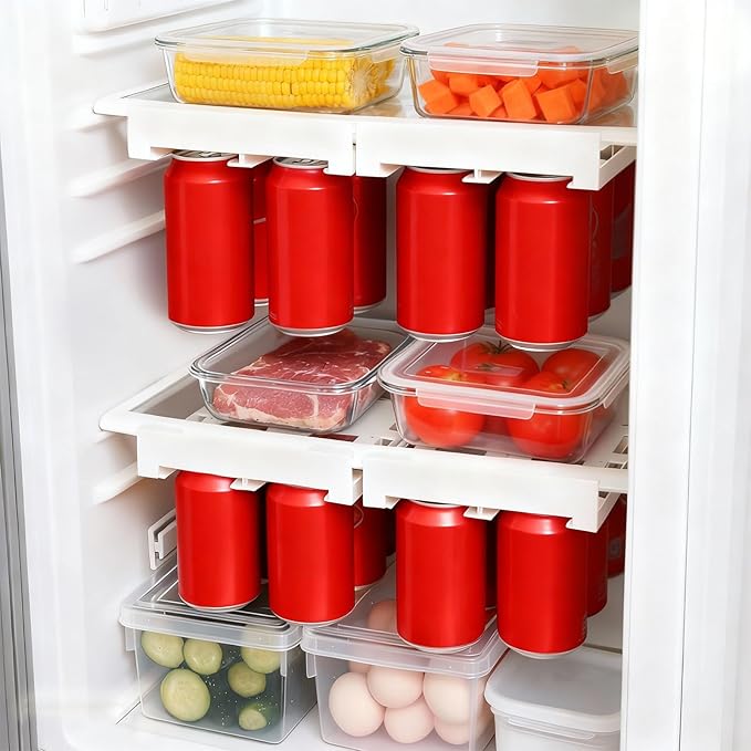 BOKKY Refrigerator Can Organizer, Hanging Soda Can Organizer Dispenser for Fridge, Under Shelf Drink Organizer, Space Saving Rack Fits 8 Soda or Beer Cans (White / 2 Pack)