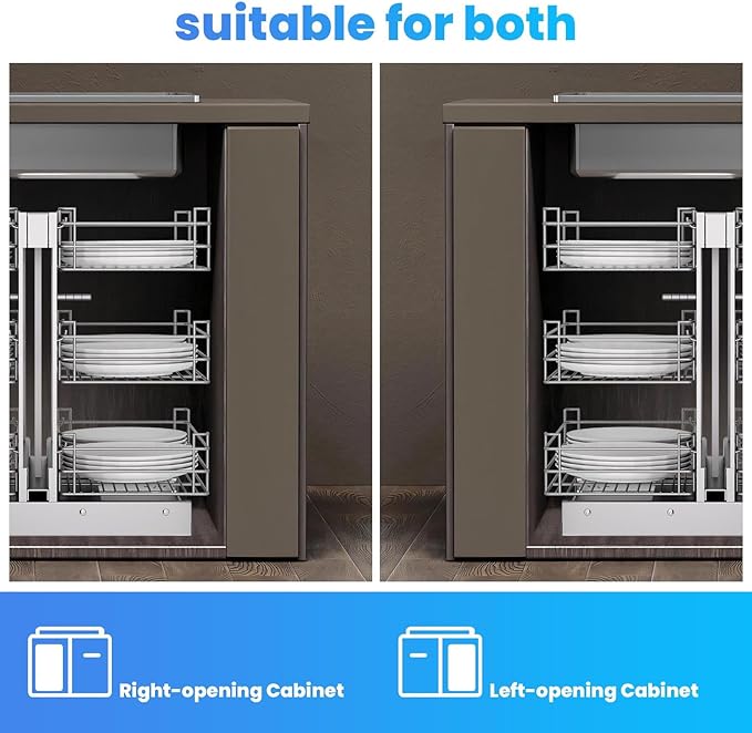 Min 17" W Opening Blind Corner Pull Out Organizer, 3 Tier 6 Shelf Kitchen Cabinet Organizer, Chrome Carbon Steel Storage Basket, Slide Out Storage Organizer, Left & Right Open Compatible