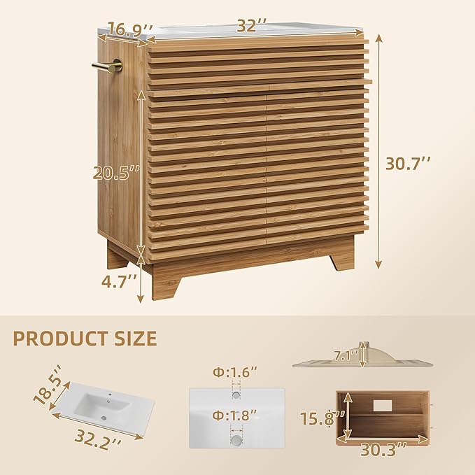 VNN 32 Inch Bathroom Vanity with Ceramic Sink - Freestanding Modern Bathroom Storage Vanity Cabinet with Fluted Design, Soft-Close Doors, Shelves, Toilet Paper Holder & Towel Hooks, Natural Oak